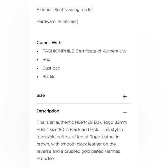 HERMES
Box Togo 32mm H Belt 80 32
Black/ Gold reversible - Picture 8 of 8